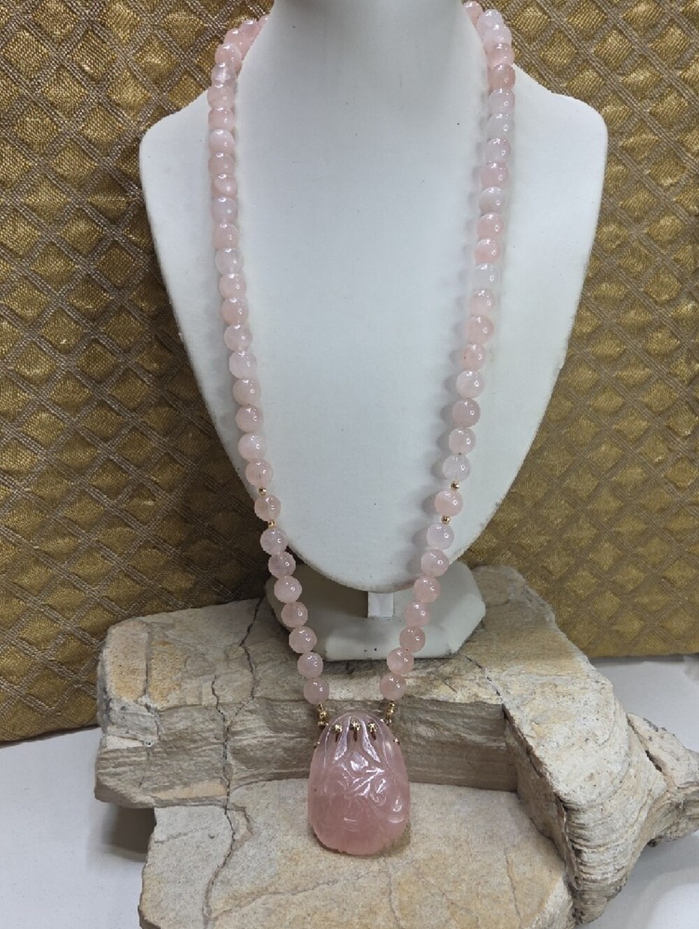 14K Solid Gold With Pink Jadeite Clasp Pendant Pre Antique Jadeite Long Necklace - Picture 3 of 16